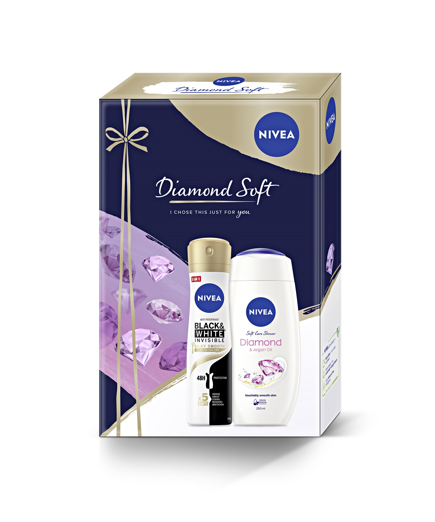 NIVEA PROMO Women's spray Invisible on Black & White Silky Smooth 150ml +  Shower gel Diamond & Argan oil 250ml