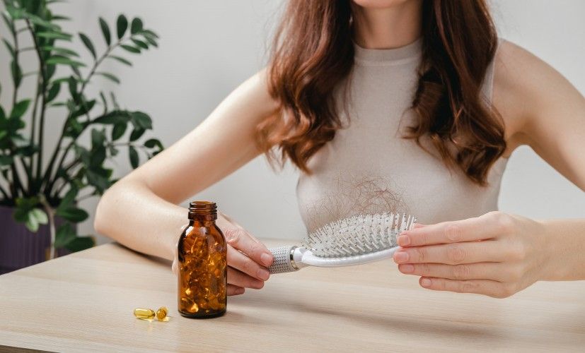 woman-with-hairbrush-and-amber-bottle-on-table