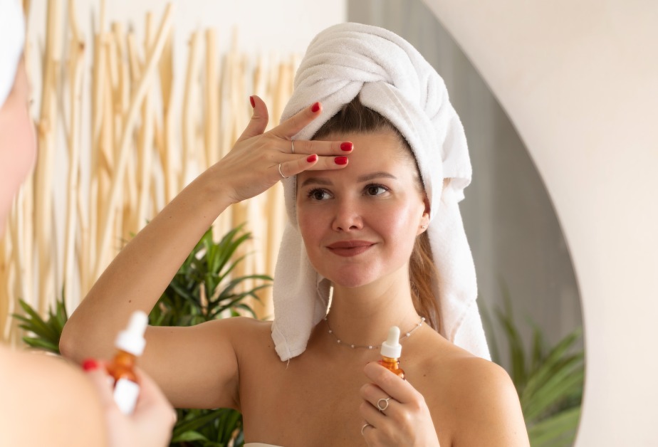 Жена с хубава кожа стои пред огледало