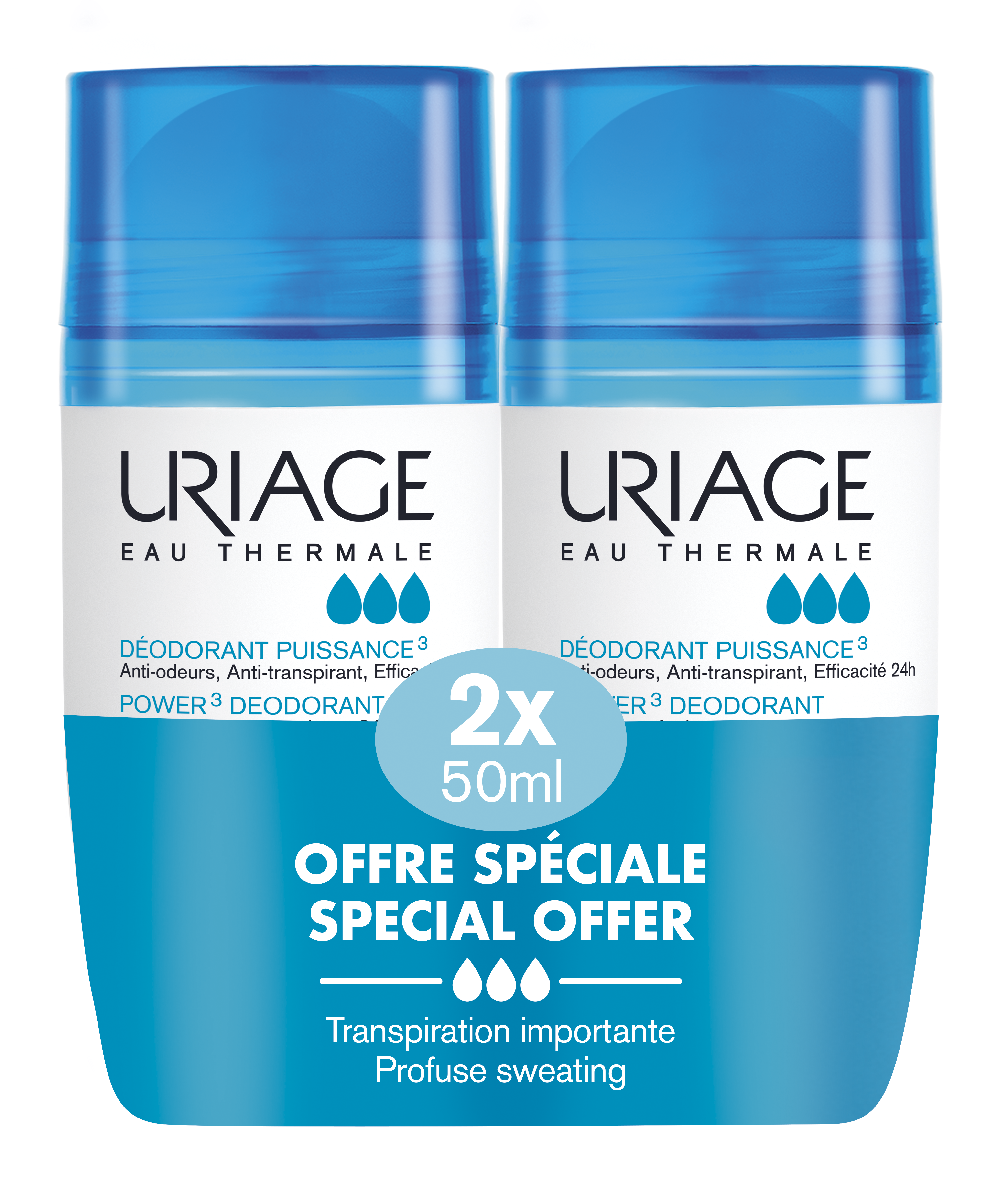 URIAGE DUO POWER 3 рол-он при интензивно изпотяване 2 x 50ml