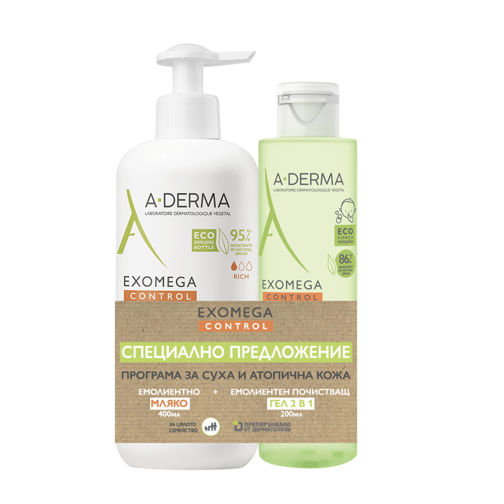 A-DERMA PROMO EXOMEGA CONTROL емолиентно мляко 400ml + Емолиентен почистващ гел 2 в 1 200ml