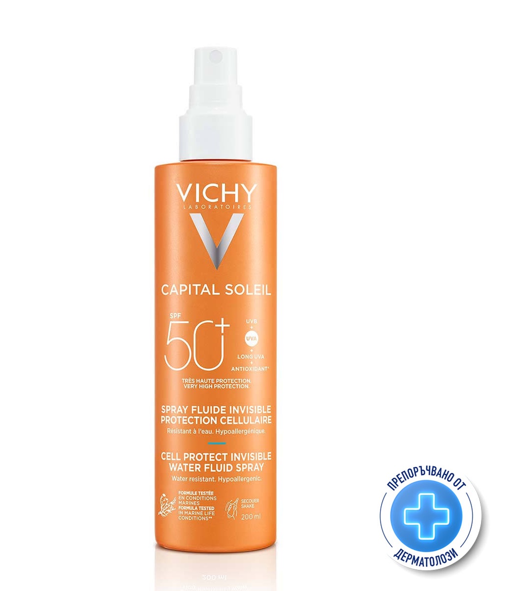 VICHY SOLEIL SPF50+ CELL PROTECT слънцезащитен флуиден спрей за лице и тяло 200ml