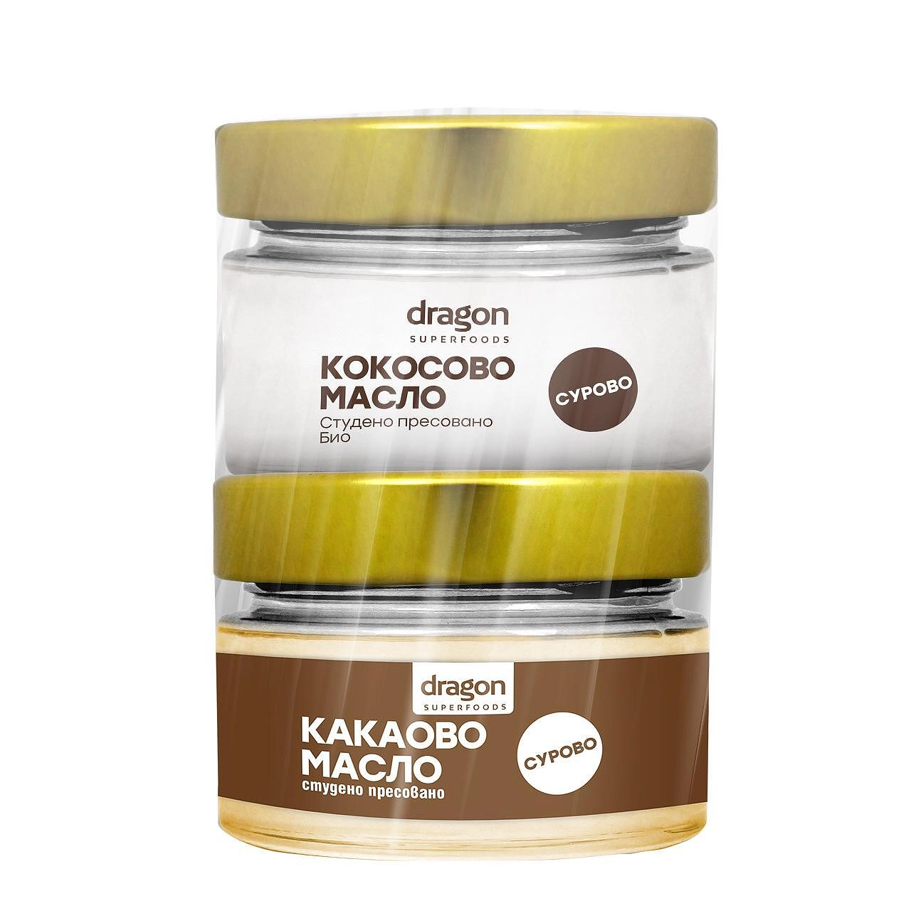 DRAGON SUPERFOODS PROMO КОКОСОВО МАСЛО студено пресовано EXTRA VIRGIN 100ml + КАКАОВО МАСЛО 100ml
