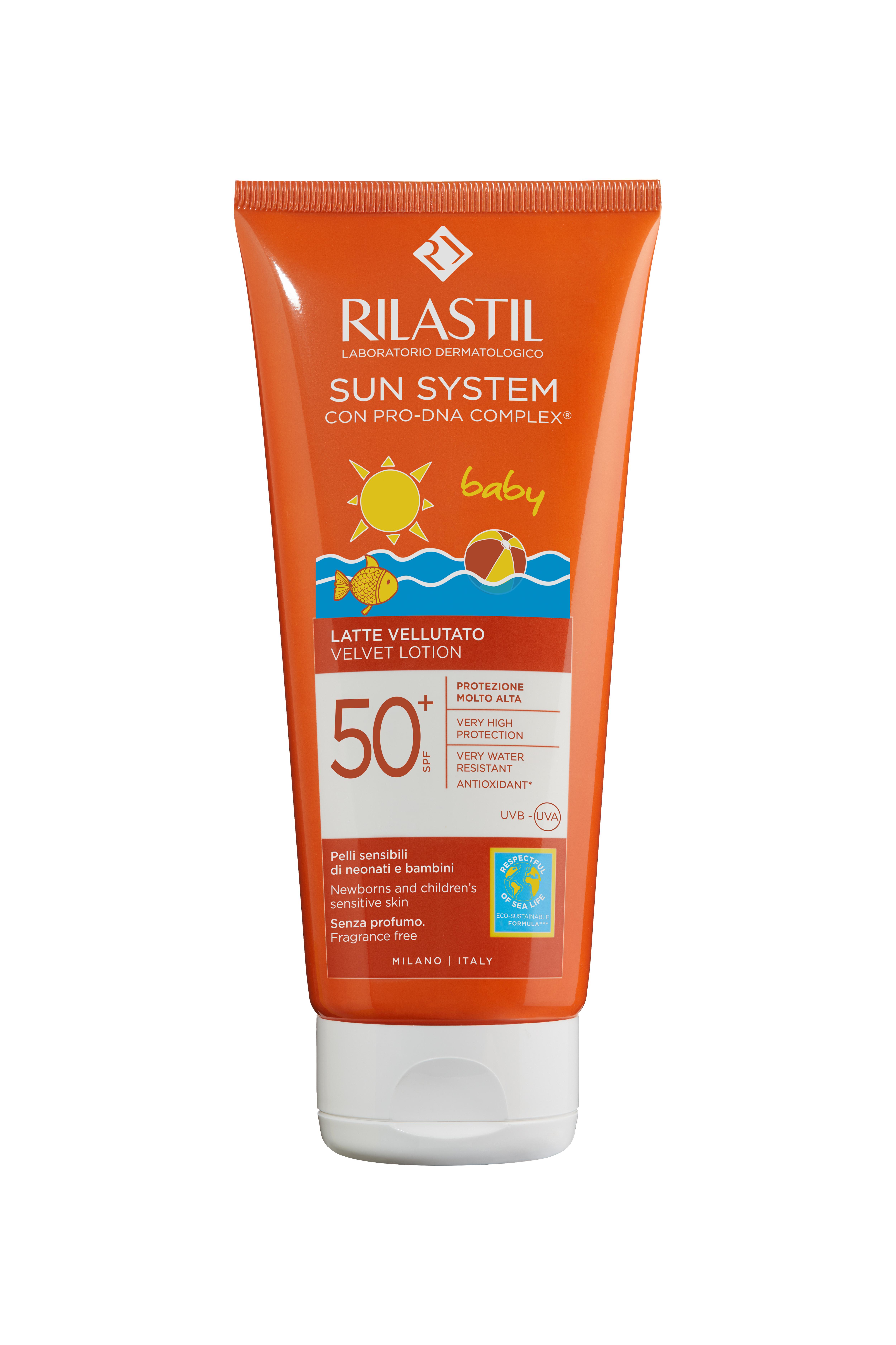 RILASTIL SUN SYSTEM BABY VELVET LOTION+ SPF50+ слънцезащитен лосион за бебета и деца 200 ml