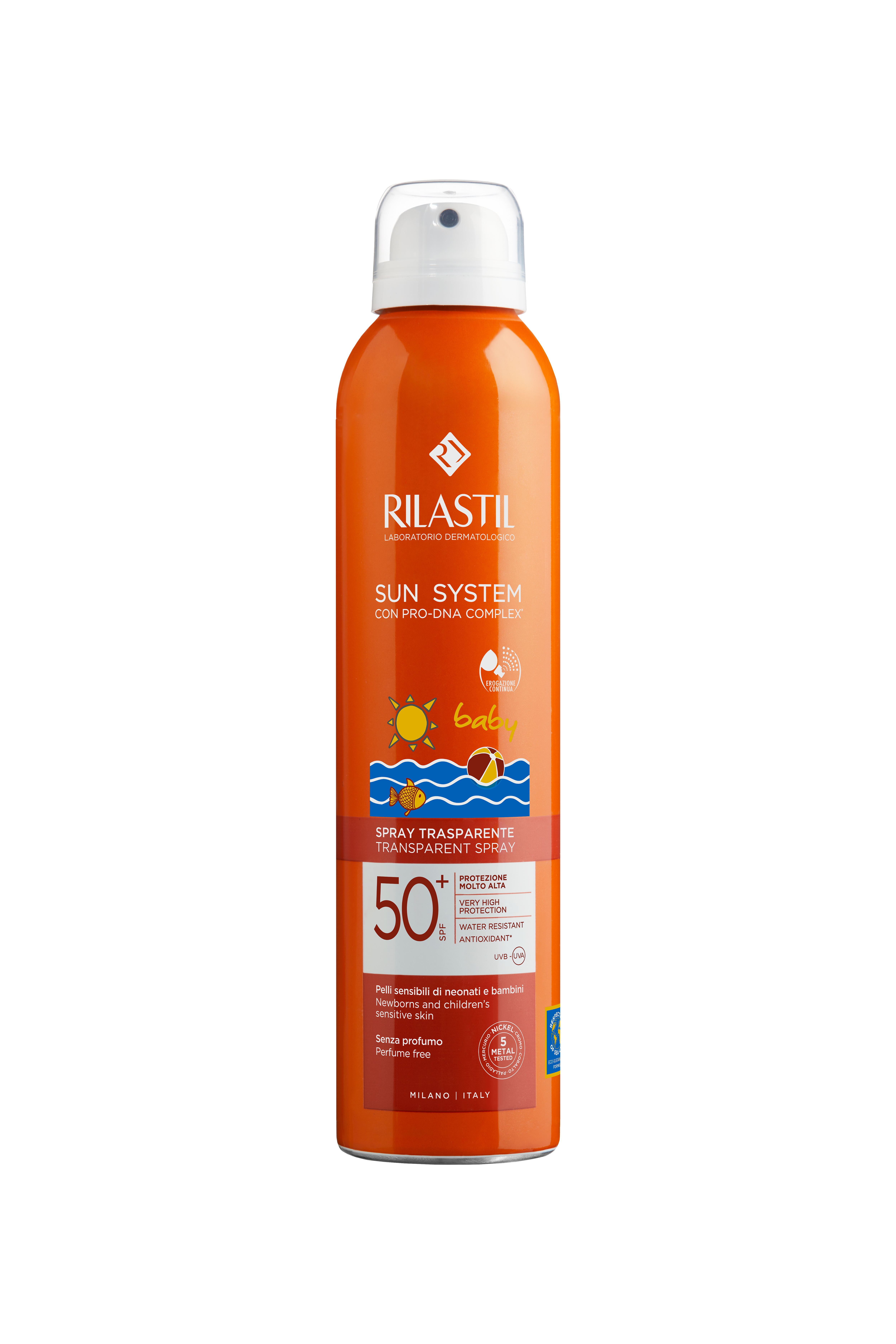 RILASTIL SUN SYSTEM BABY TRANSPARENT SPRAY+ SPF50+ слънцезащитен аерозолен спрей за тяло за бебета и деца 200 ml