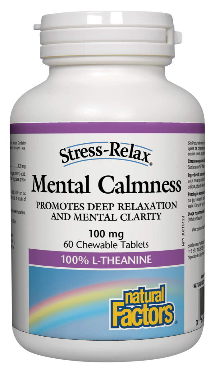 NATURAL FACTORS Stress-Relax MENTAL CALMNESS 100mg (100% L-Theanin) L-Theanine for the nervous system and stress reduction x 60 chewable tabl