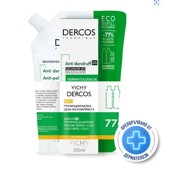 VICHY DERCOS ANTI-DANDRUFF anti-dandruff shampoo, dry scalp 200ml + anti-dandruff shampoo, dry scalp refill 500ml