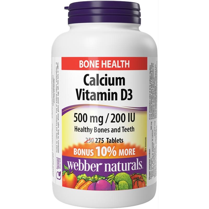 WEBBER NATURALS CALCIUM 500mg & VITAMIN D3 200IU Calcium + Vitamin D3 for healthy bones and teeth x 275 tabl
