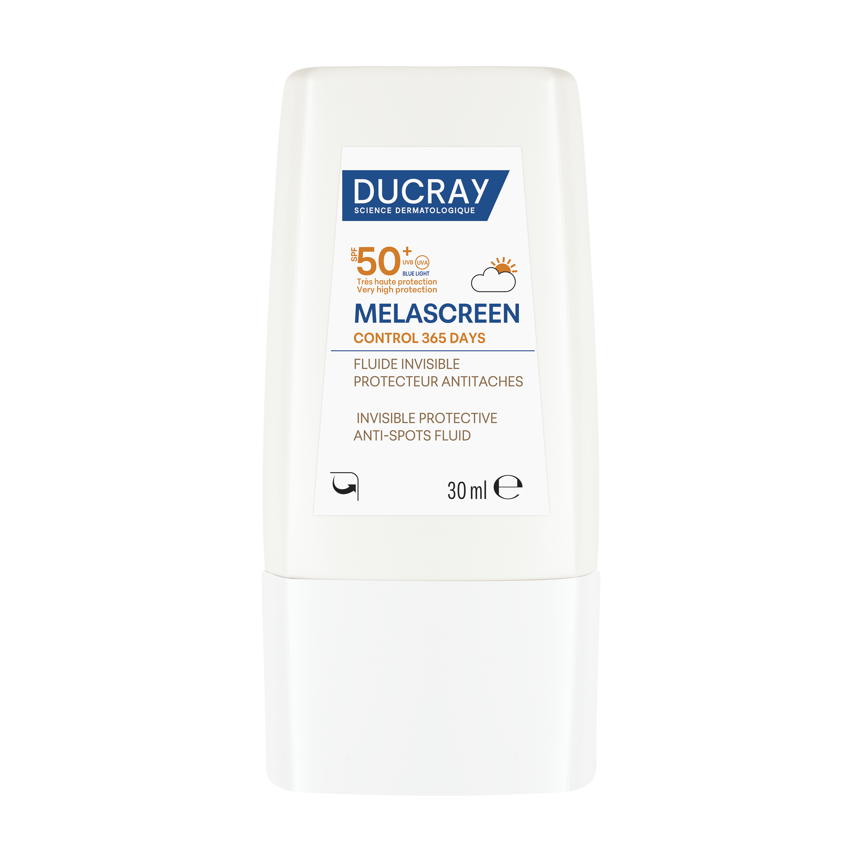DUCRAY MELASCREEN CONTROL 365 DAYS SPF50+ невидим слънцезащитен флуид срещу петна 30ml