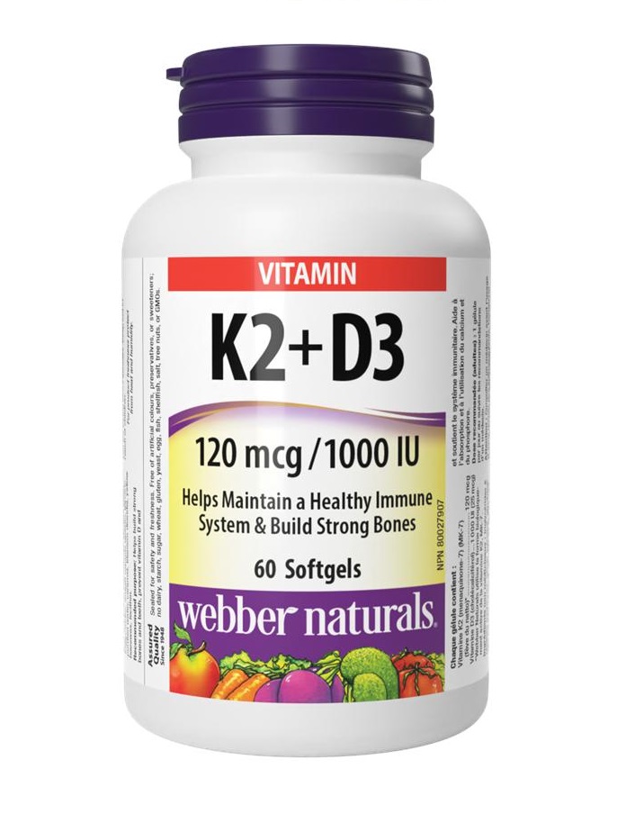 WEBBER NATURALS K2+D3 120µg/1000 IU (25µg) Vitamin K2+D3 for healthy bones and teeth x 60 softgels