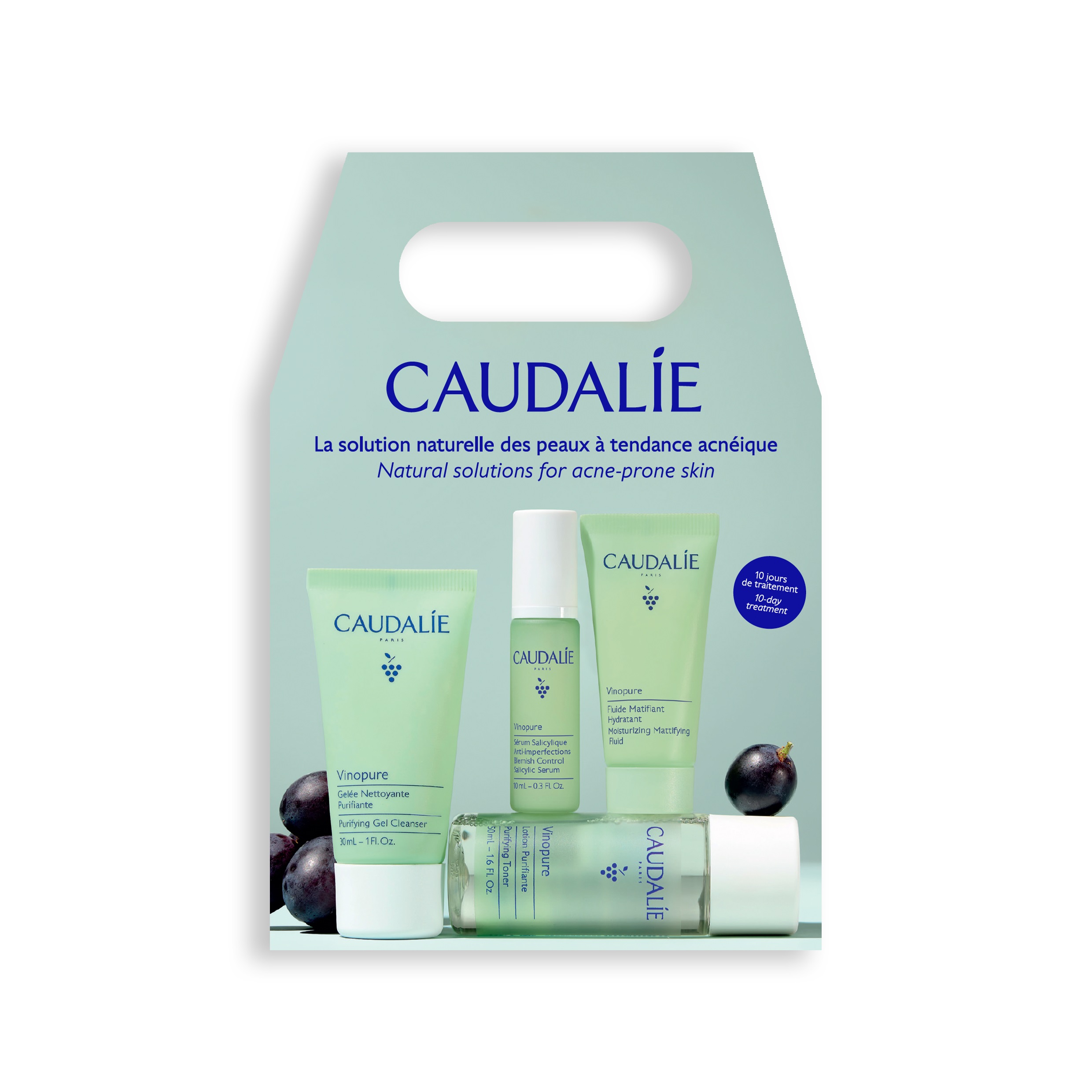 CAUDALIE PROMO VINOPURE Салицилов Серум Против несъвършенства 10ml + Почистващ матиращ гел 30ml + Почистващ матиращ тоник 50ml + хидра флуид 15ml