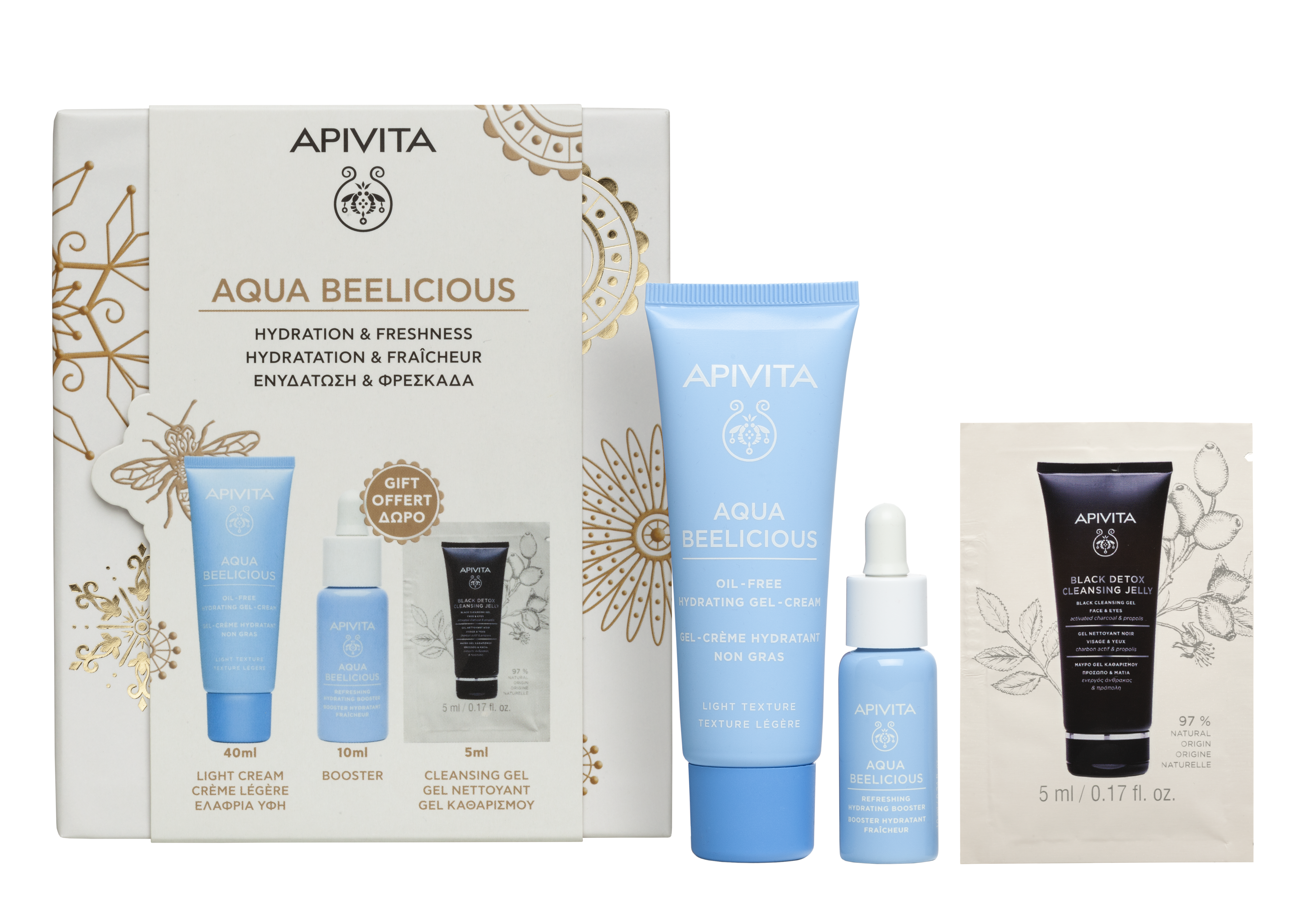 APIVITA PROMO AQUA BEELICIOUS гел-крем 40ml + Хидратиращ бустер 15ml + Черен детокс гел 5ml