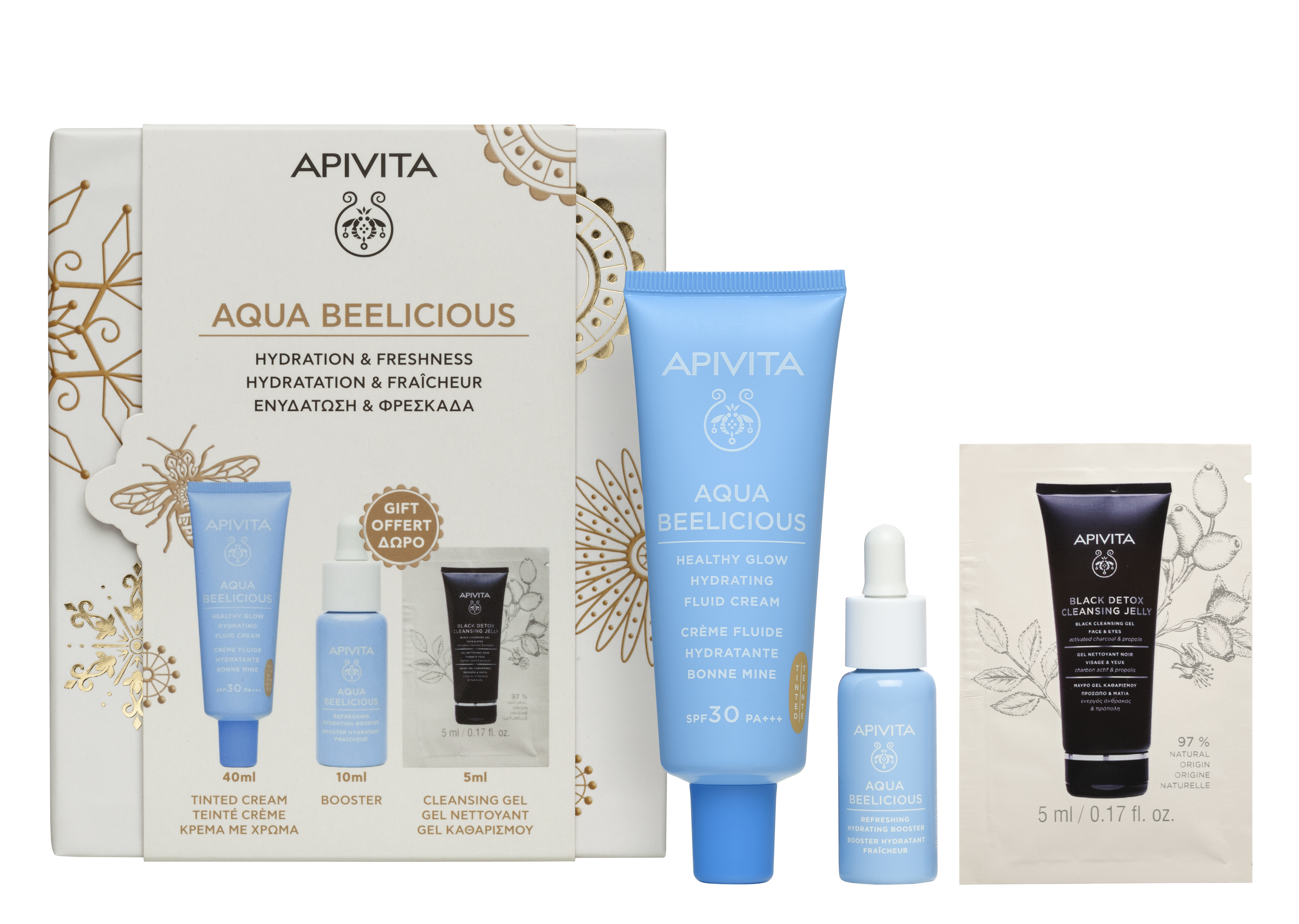 APIVITA PROMO AQUA BEELICIOUS тониран крем SPF30 40ml + Хидратиращ бустер 15ml + Черен детокс гел 5ml