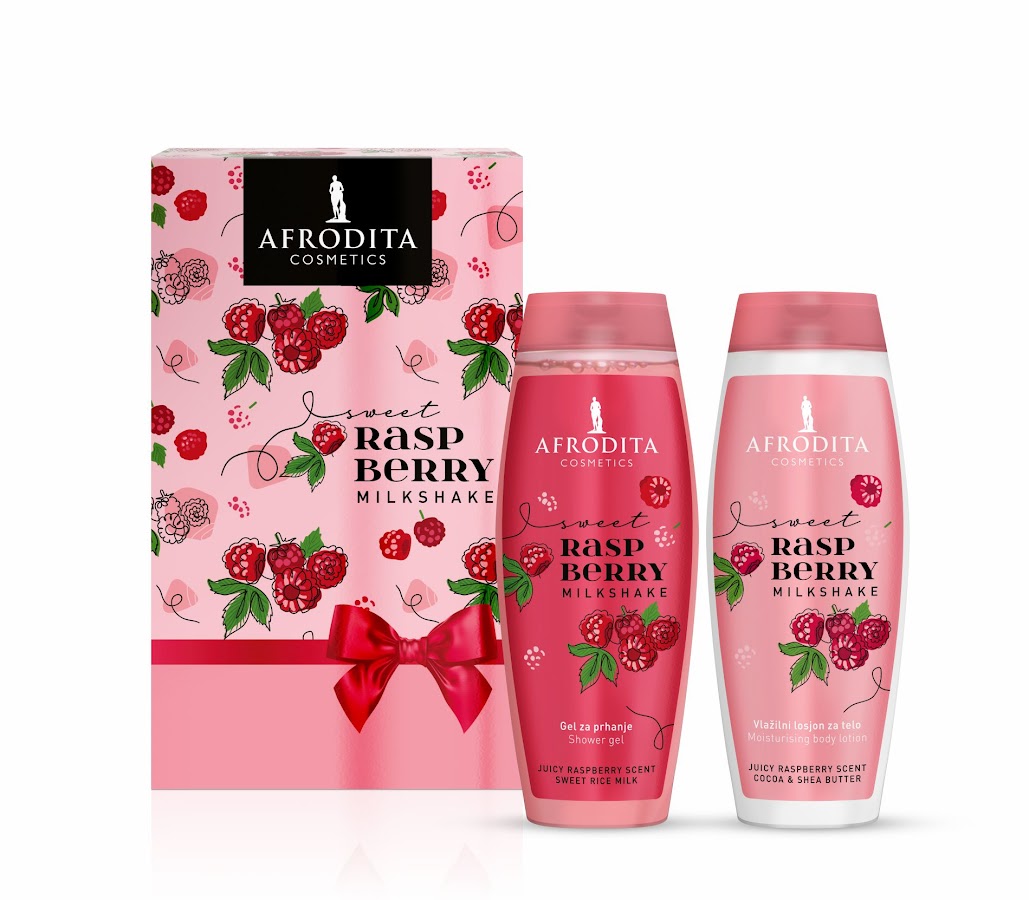 AFRODITA PROMO Комплект RASPBERRY душ гел с оризово мляко и лосион за тяло с оризово мляко + масла от ший и какао