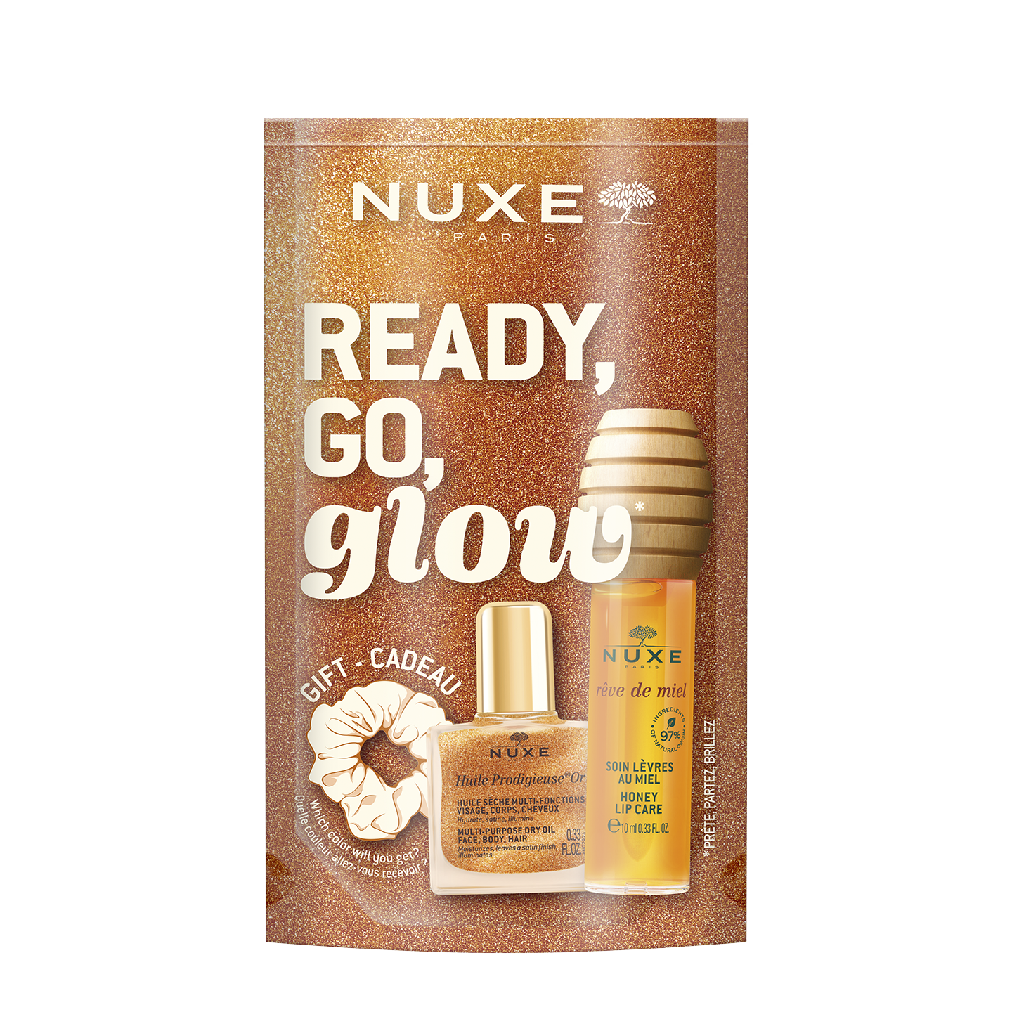 NUXE PROMO GLOW ON THE GO HONEY REVE DE MIEL Медена грижа за устни 10ml + Huile Prodigieuse OR сухо масло 10ml + скрънч за коса