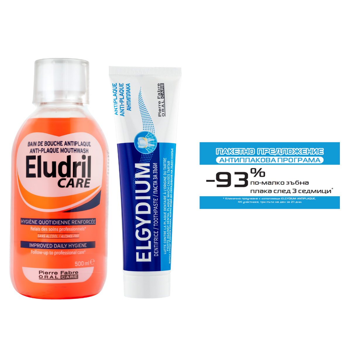 ELUDRIL PROMO CARE mouthwash 500ml + ELGYDIUM ANTI-PLAQUE toothpaste 75ml