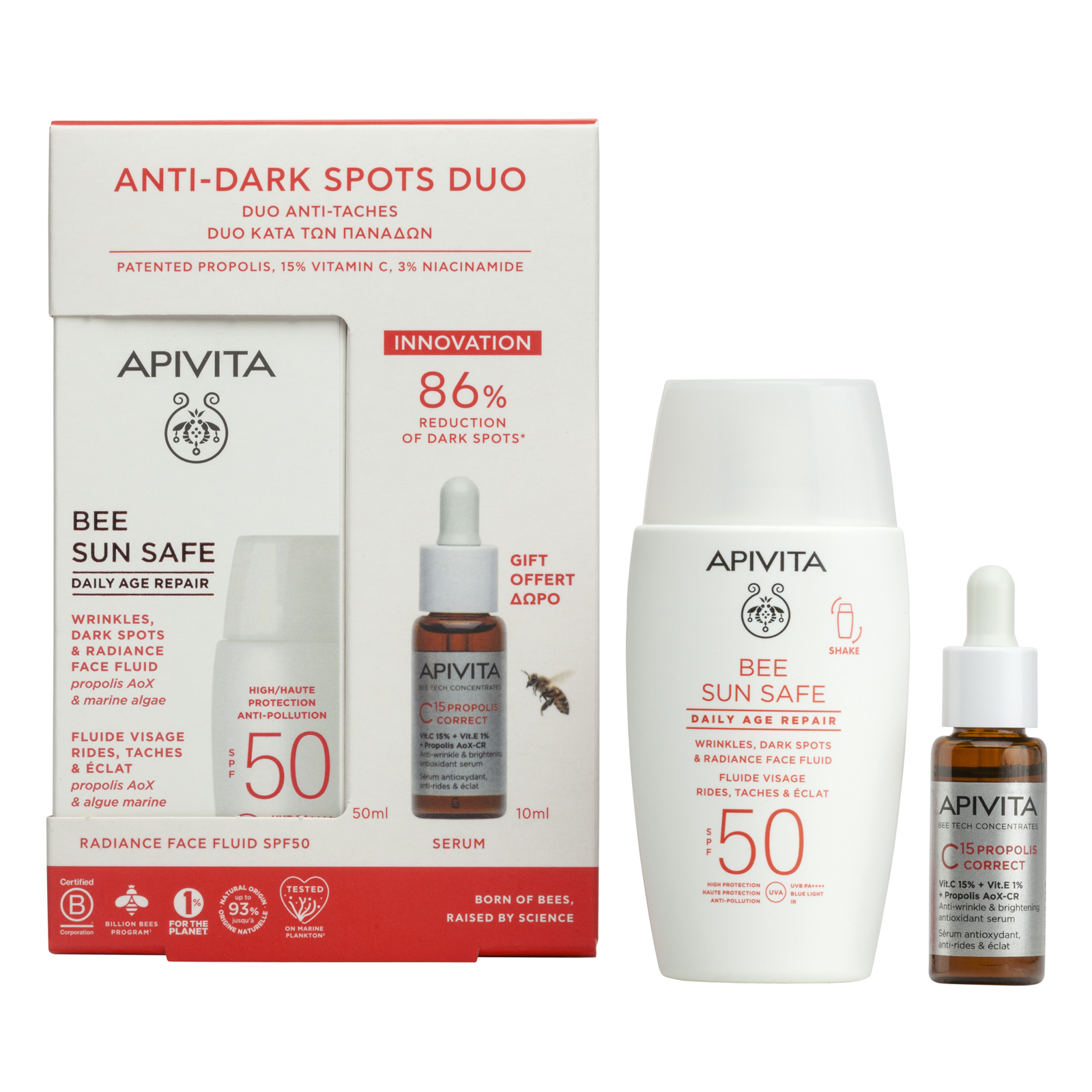 APIVITA PROMO BEE SUN SAFE DAILY AGE REPAIR SPF50 флуид против тъмни петна и бръчки 50ml + C15 Propolis Correct серум 10ml