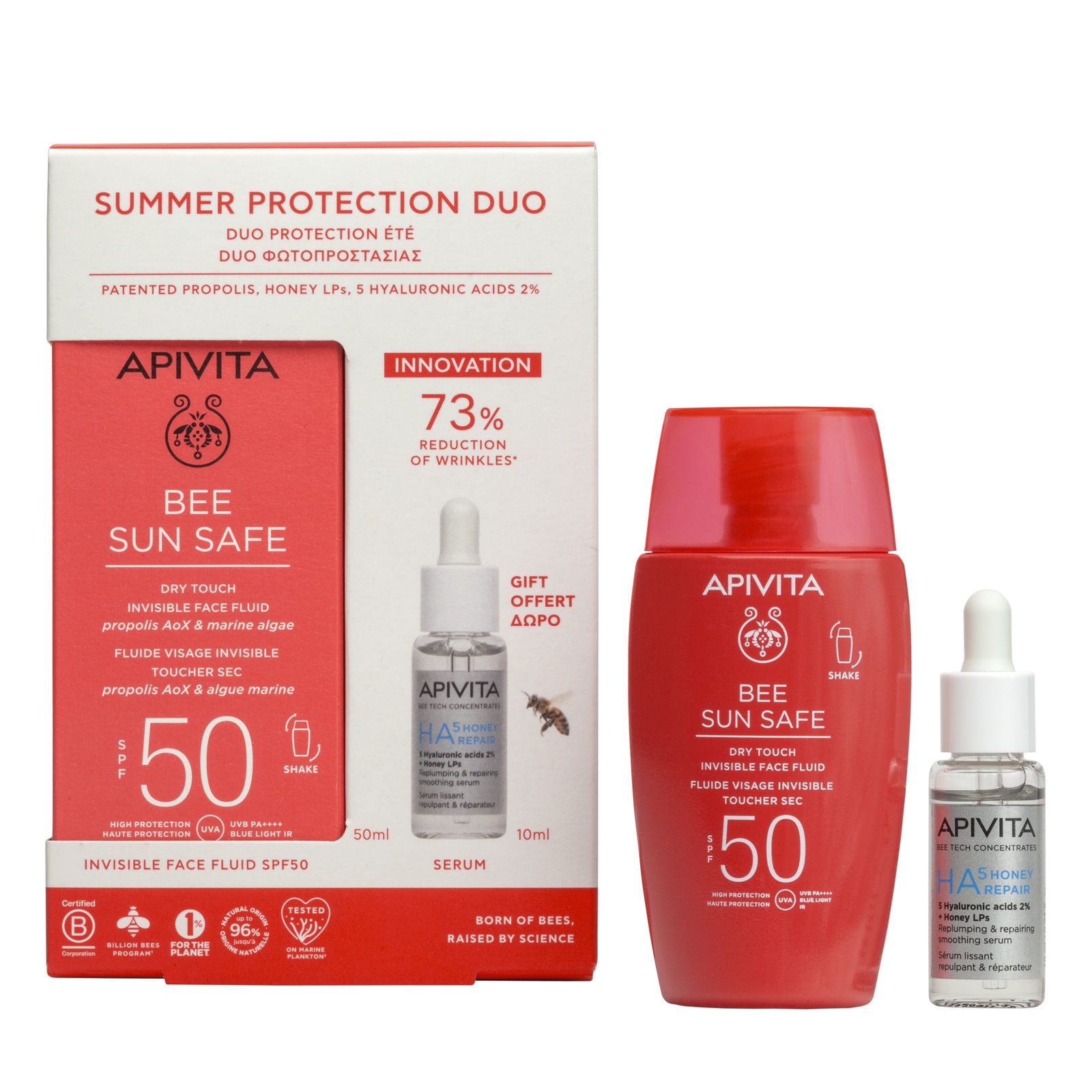 APIVITA PROMO BEE SUN SAFE SPF50 ултра лек флуид 50ml + HA5 Honey Repair серум 10ml