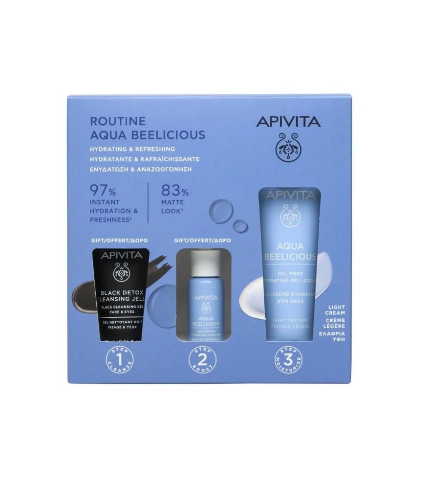 APIVITA PROMO AQUA BEELICIOUS гел-крем 40ml + Хидратиращ бустер 10ml + Черен детокс гел 15ml