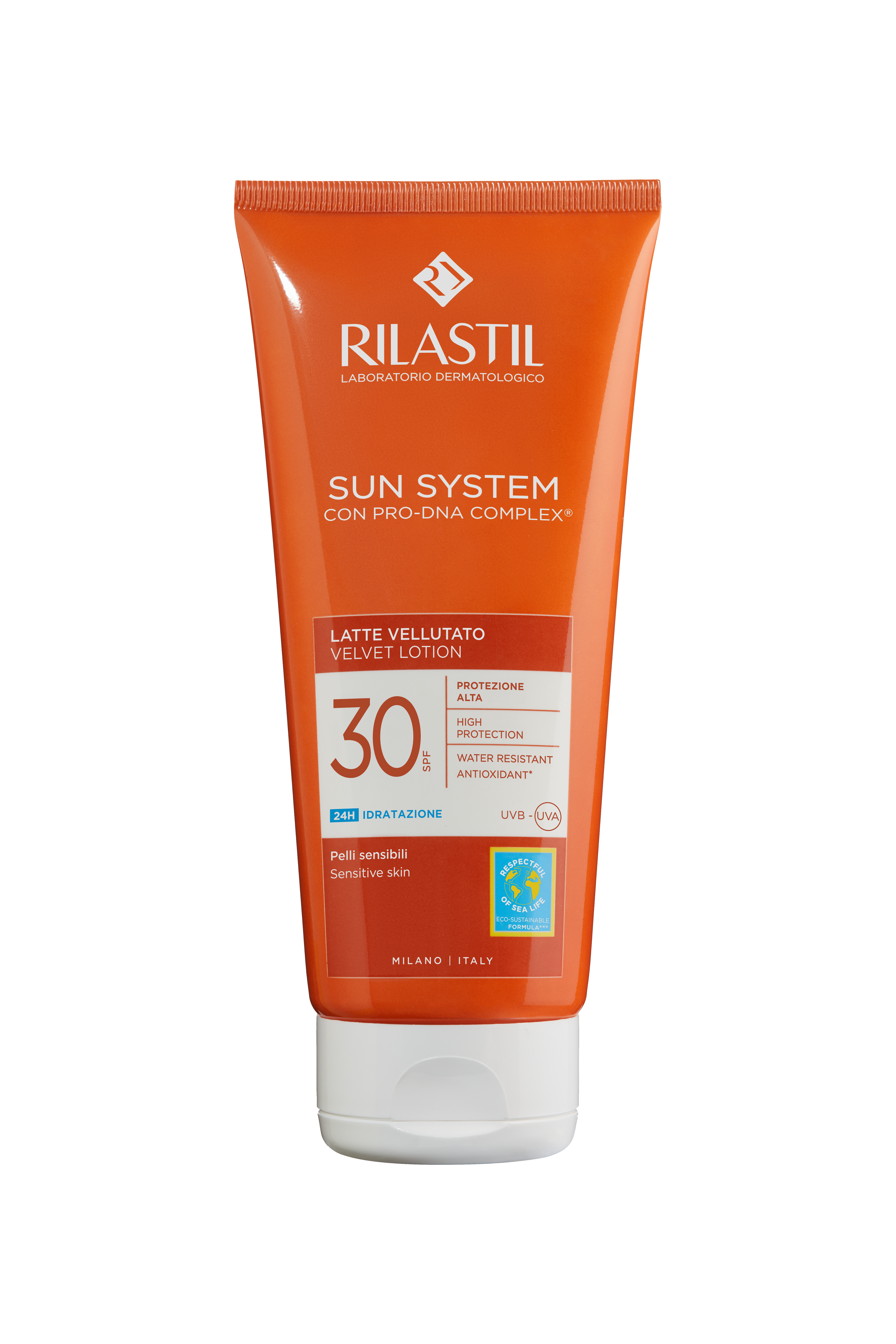 RILASTIL SUN SYSTEM VELVET LOTION+ SPF30 слънцезащитен лосион за тяло с кадифен завършек 200 ml
