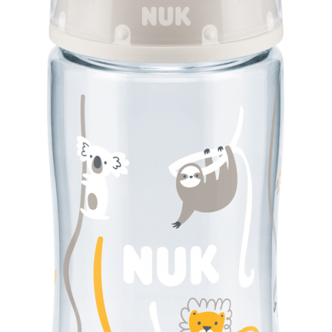 NUK FIRST CHOICE RR Bottle Temperature control 300 ml. with silicone pacifier for food 0-6 months. Beige