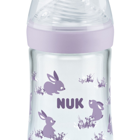 NUK NATURE SENSE Temperature control Glass bottle 240 ml. with silicone nipple for feeding 0+ months. M, Purple
