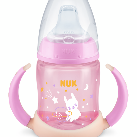 NUK FIRST CHOICE RR Bottle Temperature control 150 ml. with silicone tip for juice 6+ months, Glow in the Dark, Pink