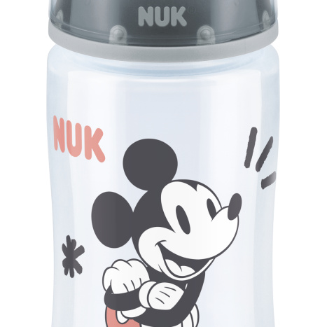 NUK FIRST CHOICE RR Bottle Temperature control 300 ml. with silicone pacifier 6-18 months. MICKEY Gray