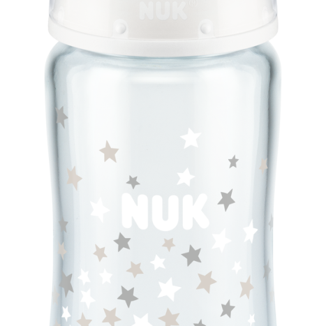 NUK FIRST CHOICE + Glass bottle Temperature control 240 ml. with silicone pacifier for food 0-6 months. White