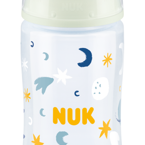 NUK FIRST CHOICE RR Bottle Temperature control 300 ml. with silicone pacifier 6-18 months. NIGHT Stars