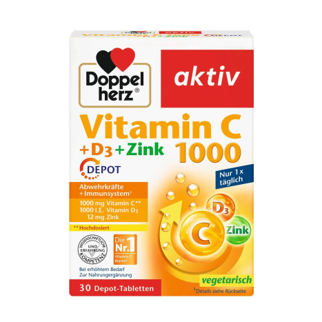 DOPPELHERZ AKTIV Vitamin C 1000mg + Vitamin D3 + Zinc Depot x 30 tabl