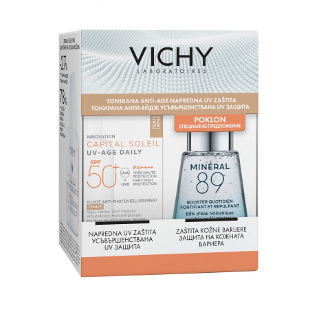 VICHY PROMO SOLEIL UV-AGE SPF50+ оцветен флуид за лице против фотостареене 40ml + MINERAL 89 бустер 30ml