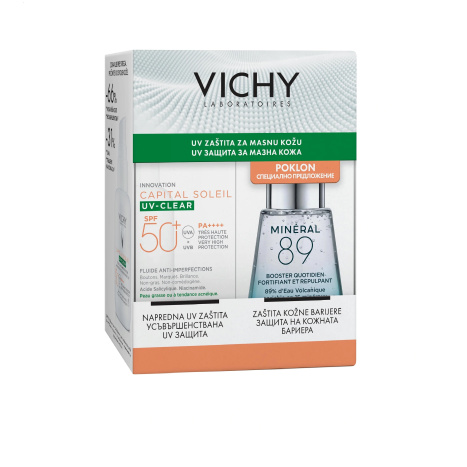 VICHY PROMO SOLEIL UV-CLEAR SPF50+ флуид за лице против несъвършенства 40ml + MINERAL 89 бустер 30ml