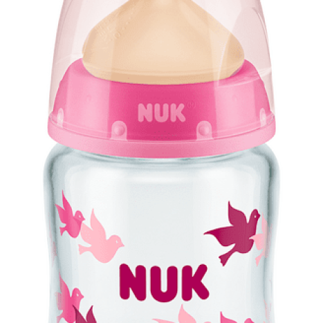 NUK FIRST CHOICE + Glass bottle Temperature control 120 ml. with silicone pacifier for food 0-6 months. Pink