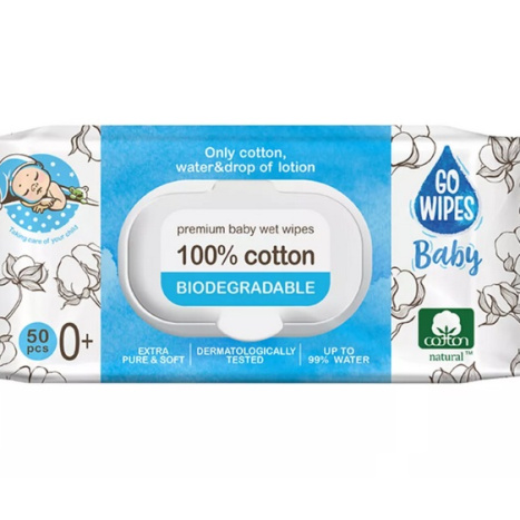 GO WIPES Бебешки мокри кърпи от 100% памук и 100% биоразградими x 50