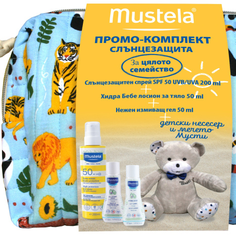 MUSTELA PROMO SUN SPF50+ спрей 200ml + 2 мини продукта + Мече Мусти + Несесер