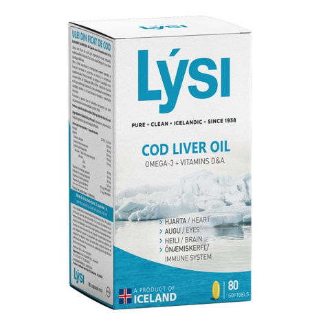 LYSI COD LIVER OIL Omega-3 + Vitamins D & A Масло от черен дроб на треска 500mg за сърце, очи и мозък x 80 softgels caps