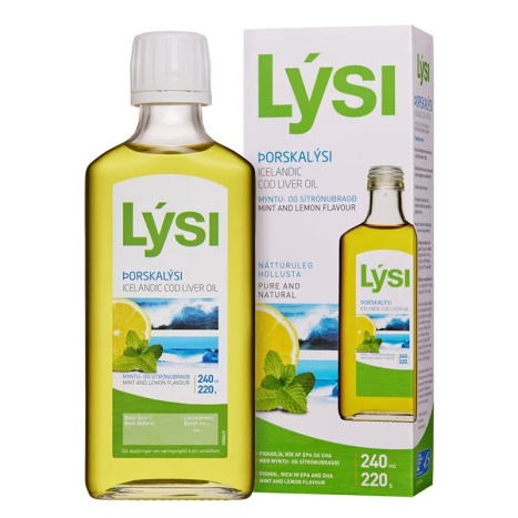 LYSI ICELANDIC COD LIVER OIL (EPA-690mg, DHA-920mg) Омега-3 2160mg Масло от черен дроб на исландска риба треска за сърце, мозък и кожа с вкус на лимон и мента x 240ml