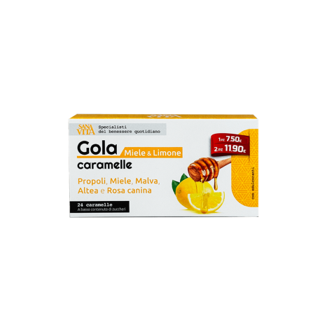 PALADIN PHARMA SANAVITA GOLA caramelle Miele Limone Билкови бонбони за гърло с прополис, пчелен мед, горски слез, бяла ружа и шипка с вкус на мед и лимон x 24