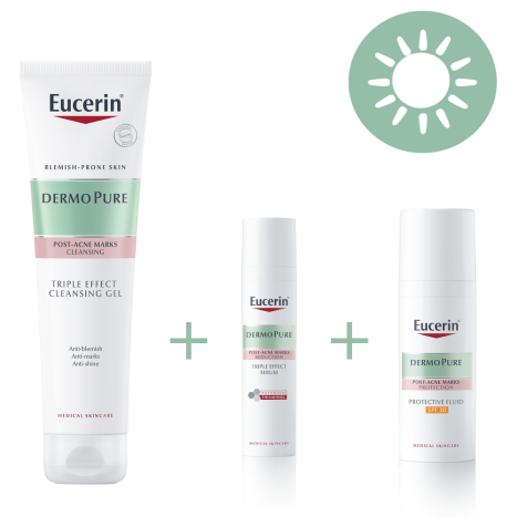 EUCERIN PROMO DERMOPURE Трио за петна от акне измивен гел + серум + Защитаващ флуид SPF 30