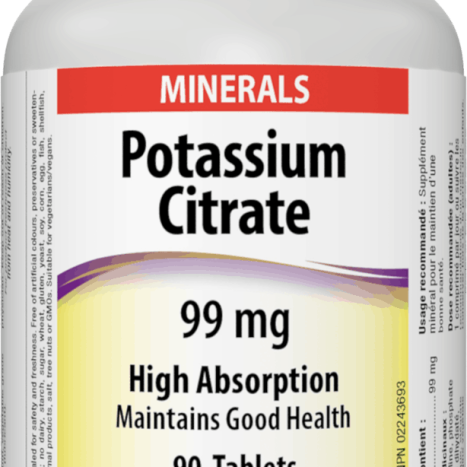 WEBBER NATURALS POTASSIUM CITRATE Potassium 99mg supports electrolyte balance and heart function x 90 tabl