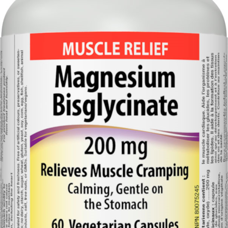 WEBBER NATURALS MAGNESIUM BISGLYCINATE 200mg relieves muscle cramps x 60 caps