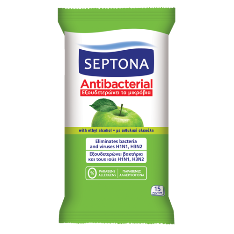 SEPTONA GREEN APPLE антибактериални мокри кърпи с аромат на зелена ябълка x 15
