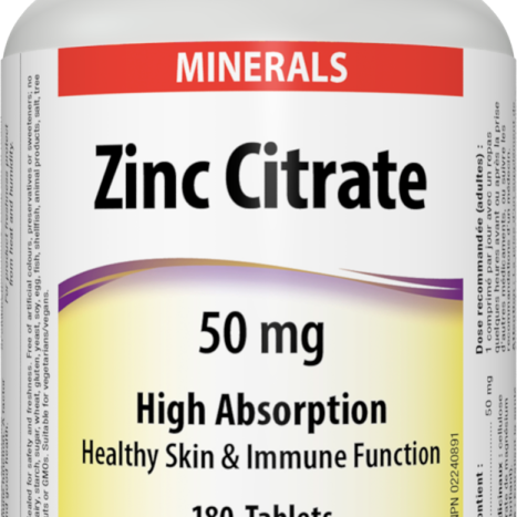 WEBBER NATURALS ZINC CITRATE 50mg for healthy skin and immune system x 180 tabl