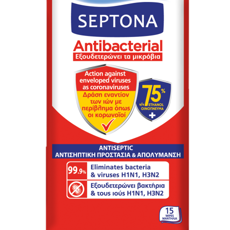 SEPTONA ANTIBACTERIAL 75% alcohol antibacterial wipes x 15