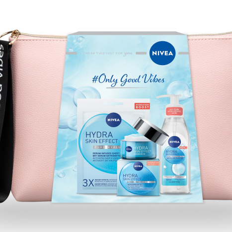 NIVEA PROMO Hydra Skin Effect Pure Hyaluron Дневен крем 50ml + Измиващ гел 150ml+ Лист маска+чанта