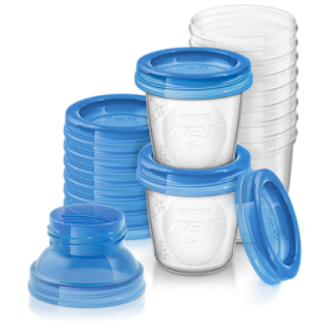 AVENT Set of containers for breast milk 10 cups 180ml + 10 caps + 2 adapters