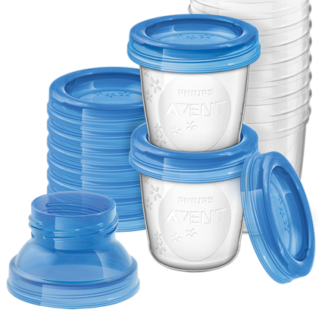 AVENT Set of containers for breast milk 10 cups 180ml + 10 caps + 2 adapters