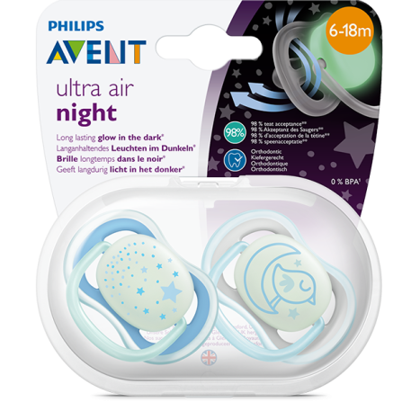 AVENT Orthodontic Pacifiers Ultra Air Night, Boy, 6-18m Blue x 2