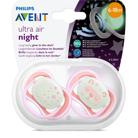 AVENT Orthodontic pacifiers Ultra air Night girl, 6-18m pink x 2